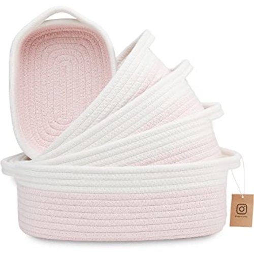 NaturalCozy 5-Piece Rectangle Storage Basket Set- Natural Cotton Rope Woven Baskets for Organizing! Small Basket for Montessori, Baby Nursery, Dog Toy Baskets, Cat Toy Box, Bathroom Organization Bin
