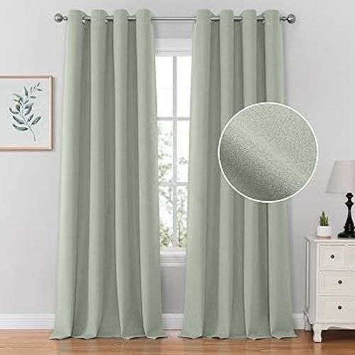 HOMEIDEAS 100% Sage Green Blackout Curtains for Bedroom Linen Curtains 84 Inch Length 2 Panels for Living Room Faux Linen Thermal Insulated Full Black Out Grommet Window Curtains/Drapes, W52 x L84