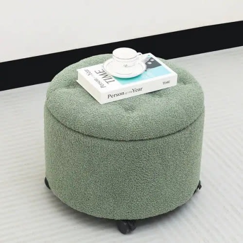 Adeco 20" Wide Button Tufted Round Storage Ottoman with Casters