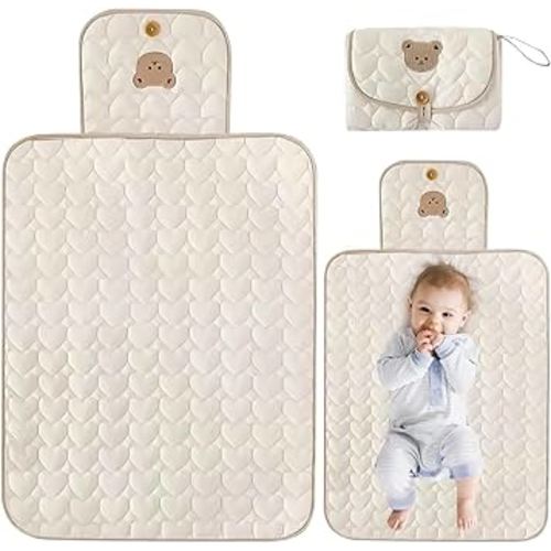 Portable Baby Changing Pad, Foldable Waterproof Travel Diaper Pad, Wipe-Clean Pure Cotton Mat, for Newborns, Toddlers, Home, Outdoor Use, Baby Essentials (Bear)