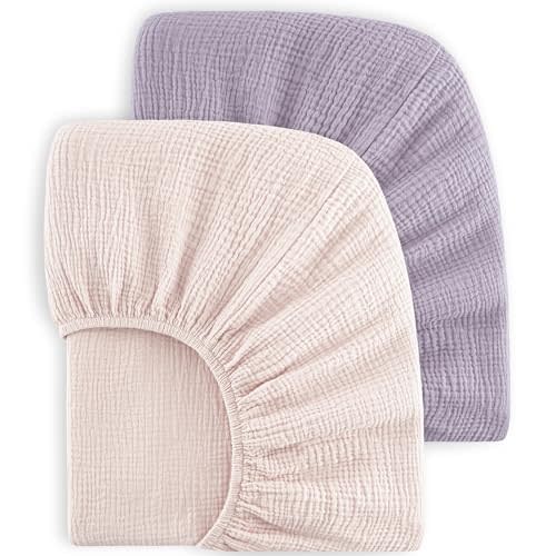 Bearmoss Muslin Crib Sheets - 100% Cotton Baby Crib Sheets Fitted for Standard Crib Mattress & Toddler Bed Mattress 52"x28" Soft Breathable Crib Sheet Neutral for Boys Girls - 2 Pack (Pink Purple)
