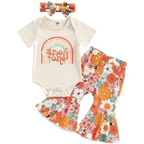 Lamuusaa Toddler Baby Girl Birthday Outfit Groovy One/Two Groovy Romper Shirts Flower Bell Bottoms Headband Boho Clothes