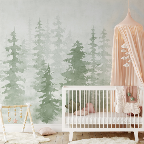 Misty Forest Silhouette Watercolor Wallpaper Mural - size 120” width x 96” height peel and stick