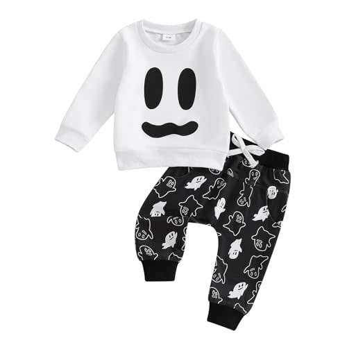SAYOO Halloween Baby Boy Girl Clothes Funny Ghost Face Pullover Sweatshirt Jogger Pants 2Pcs Fall Holiday Sweatsuits Outfit