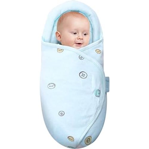 Premium Soft Cotton Baby Swaddle Blankets, Unisex Baby Blanket Wrap for Newborn Baby Boys Girls, Skin Friendly Wearable Swaddling Sleep Sack Calms Startle Reflex (Button, Blue, 0-3 Months)