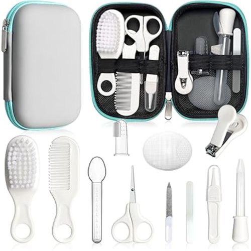 Baby Grooming Kit - Nursery Essentials Baby Registry Shower Gift for Newborns, Infants, Toddlers, Boys, Girls Kids-Safety Baby Comb, Brush, Finger Toothbrush, Nail Clippers, Scissors (Grey White 12 in 1)