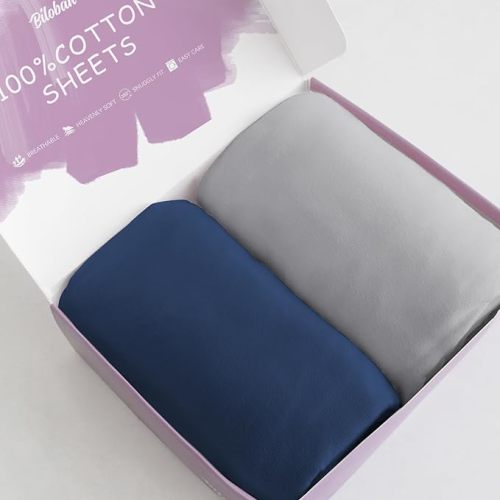 Bassinet Sheets Fit for Dream On Me Lacy, Delta Children Curve, Regalo Baby Basics™ Infant, Fisher Price, Simmons Kids(for Twins) and Safety 1st Bassinet,100% Cotton, 2 Pack, Gray and Navy Blue
