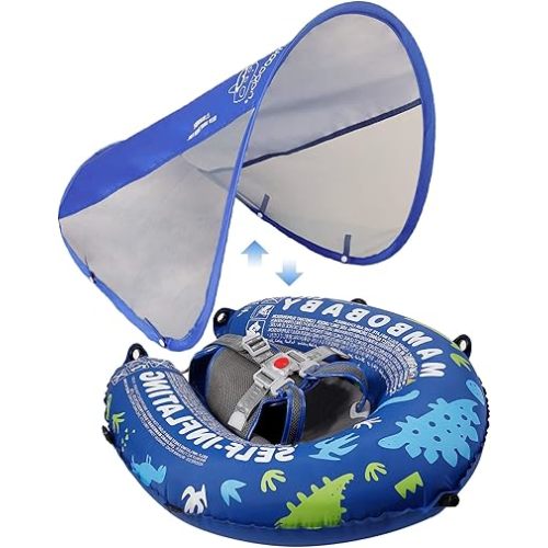 Mambobaby Newest Compressible Folding Baby Self-Inflating Float with Sun Canopy – Blue