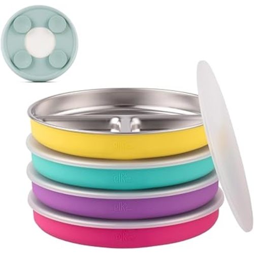 Elk and Friends Stainless Steel Divided Plates with Silicone Sleeve for Babies & Toddlers | Lids Included | Stay Put Suction | Dinner & Snack Plates | 4 Pack
