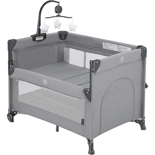 2-in-1 Baby Playard, Pack and Play Bassinet, Easy Folding Portable Crib with Music Mobile for Newborn to Toddlers (Grey)