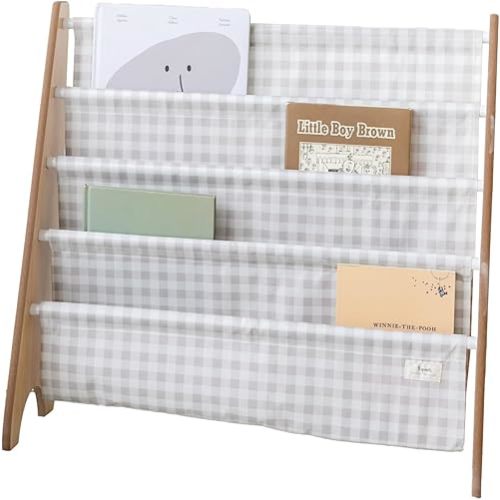 3 Sprouts Recycled Fabric Kids Bookshelf – 4-Tier Sling Book Rack Storage - Kids Room Book Shelves, Nursery, Playroom, Classroom - Bookcase Display Shelf for Toddler, Children Age 3+ - Gingham Beige