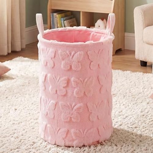 Pink Butterfly Laundry Hamper 18 x 14 Inch Fluffy Laundry Pink Butterfly Basket for Girls Nursery Hamper Foldable Storage Bin with Handle for Home Clothes Organization