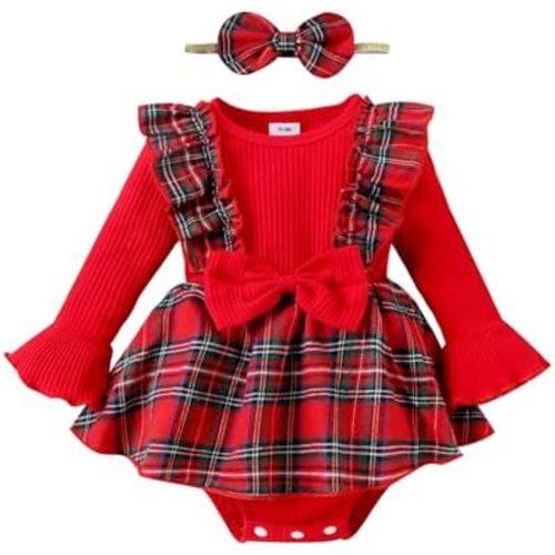 Newborn Baby Girl Christmas Clothes Ribbed Ruffle Sleeve Plaid Romper Dress&Headband Cute Fall Winter Xmas Outfit