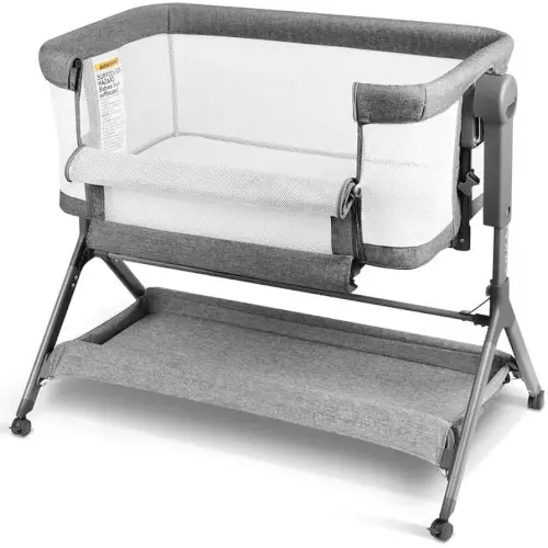 3-in-1 Baby Bassinet, Bedside Bassinet Sleeper, Rocking Bassinet with Comfy Mattress&Breathable Mesh, 6-Height Adjustable, Quiet Moveable & Easy-Assembly Grey Crib, 0-5 Months Baby