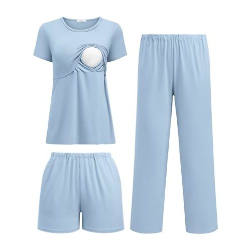 Ekouaer 3 Piece Postpartum Nursing Pajamas Set Short Sleeve Breastfeeding Shirts Pregnancy Shorts & Pants Maternity Pjs