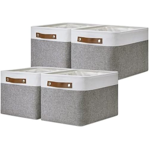 DULLEMELO Fabric Baskets for Storage, Office, Home,Nursery,Organizing Baskets for Shelves, Bedroom, Toys,Gift,Fabric Storage Basket with Handles(White&Grey,15"x11"x9.5",4-Pack)