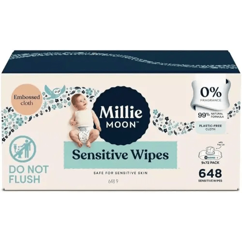 Millie Moon Sensitive Baby Wipes, 648 Count, 9 Packs of 72 Wipes(1Box)