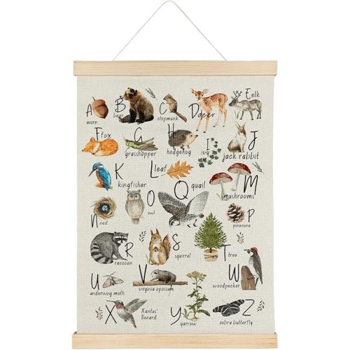 Qvapt Woodland Alphabet Poster,Woodland Classroom Decor,Woodland Art,Woodland Alphabet Canvas,Woodland Animal Alphabet 12x16 Print Wall Art Classroom Posters with Hanger
