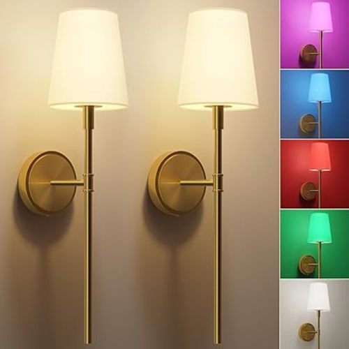 Battery Operated Wall Sconces Set of 2, Gold Wireless Wall Lights with Remote Control Warm/Natural/Daylight/RGB 15 Colors Dimmable Rechargeable Wall Lamp Retro for Bedroom Living Room Hallway Entryway