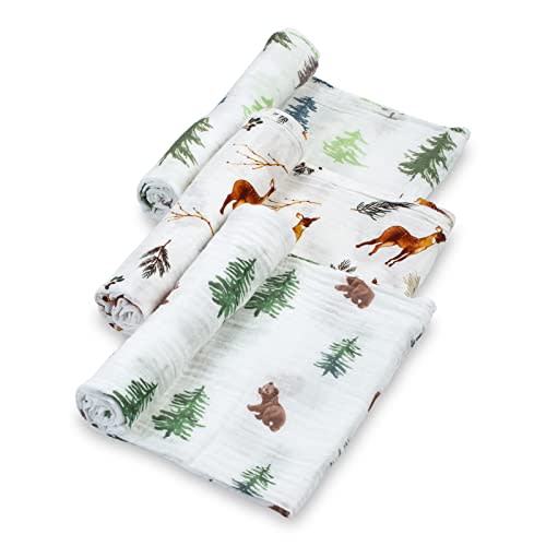 LollyBanks Swaddle Blanket | 100% Muslin Cotton | Newborn and Baby Nursery Essentials for Boys, Registry | Pine Tree Deer and Bear Forest Theme 3 Pack