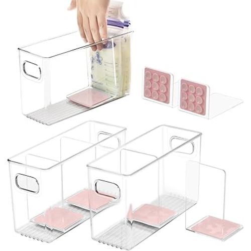 Breastmilk Storage Container with L Shaped Dividers to Flatten Standing Breast Milk Bags in Organizer Bins Save Refrigerator Space | 2 Containers with 4 Removable Separator Boards - Pink