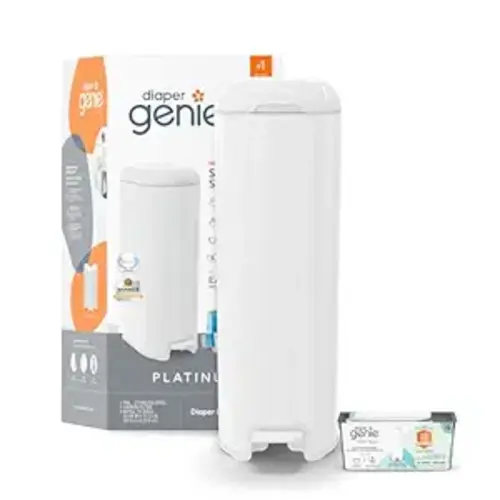 Diaper Genie Platinum Pail (Lily White) is Made in Durable Stainless Steel and Includes 1 Easy Roll Refill with 18 Bags That can Last up to 5 Months.