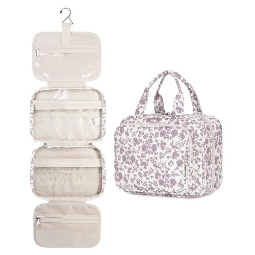 Narwey Hanging Floral Toiletry Bag for Women Travel Makeup Bag Organizer Toiletries Bag for Travel Size Essentials Accessories Cosmetics (Little Dusty Pink Flower (Medium))