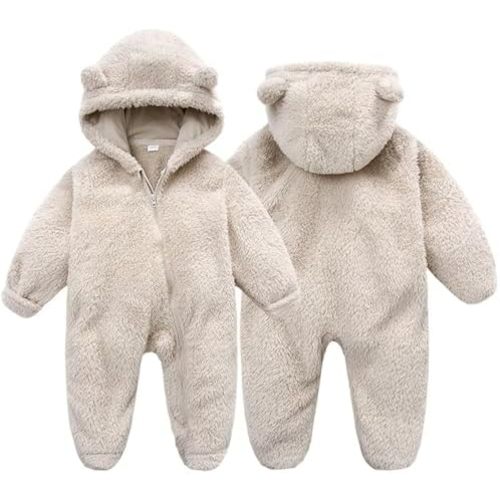 Baby Fluffy Onesies Infant Fleece Jumpsuits Cute Bear Hooded One Piece Outfit Newborn Snowsuit Footed Outerwear