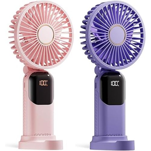 Portable Fan, 4200mAh Battery Operated Fan, 5 Speeds&Digital Display, Makeup Fans for Women with Base, 180°Foldable 3in1 Handheld/Neck/Desk Fan for Outdoor Indoor,Ultra Quiet (Pink Purple)