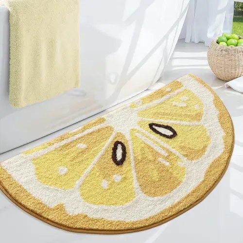 Playtime Cozy Lemon Cute Fruits Half Round Shaped Bedroom Bathroom Doorway Kitchen Floor Rug Carpet Water Absorption Non-Slip mat for Kid's Room (Light Yellow, 1'6" x 2'2" (Semicircular))
