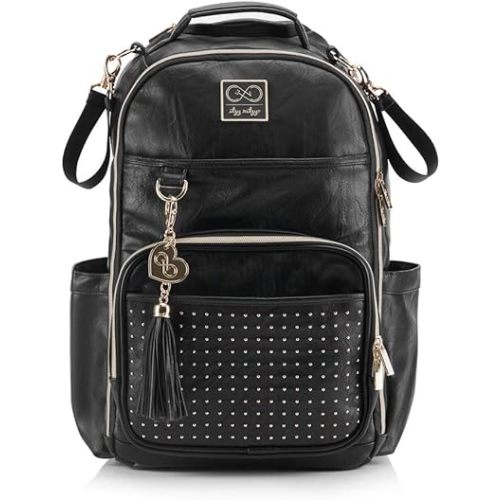 Itzy Ritzy Chelsea + Cole Diaper Bag Backpack - Studded Boss Backpack Diaper Bag Includes 19 Pockets, Changing Pad, Stroller Clips & Tassel; Black with Sweetheart Print Interior & Gold Hardware - Black With Gold Hardware - Classic