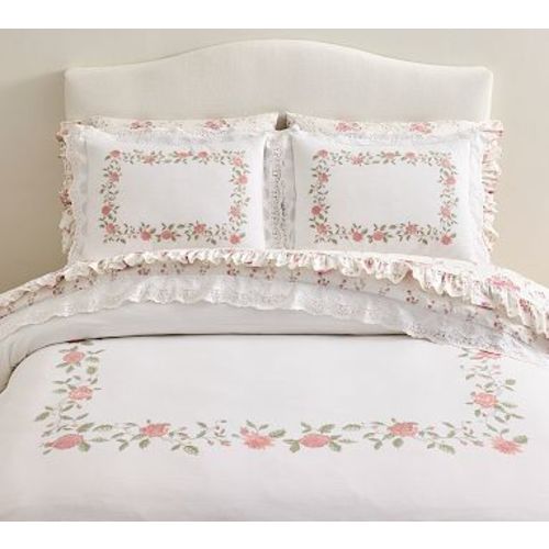 Full/Queen LoveShackFancy Pink Embroidered Rose Duvet Cover | Pottery Barn
