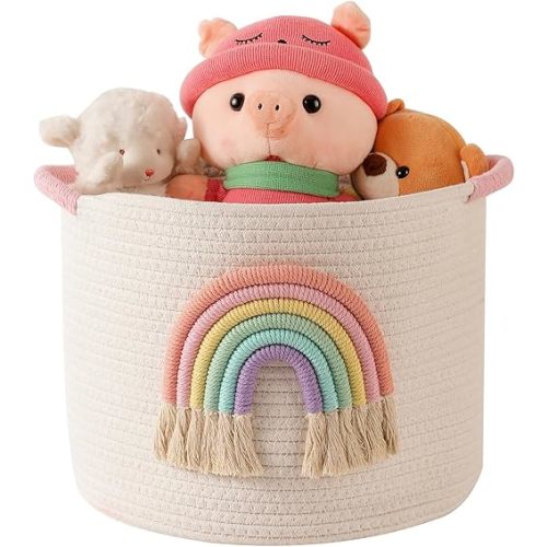INough Toy Storage Baskets Woven Cotton Rope Storage Basket with Rainbow Decor for Kids, Blanket Baskets for Living Room Toys Organizer Rainbow Baby Gifts Basket with Handle for Girls Nursery Playroom