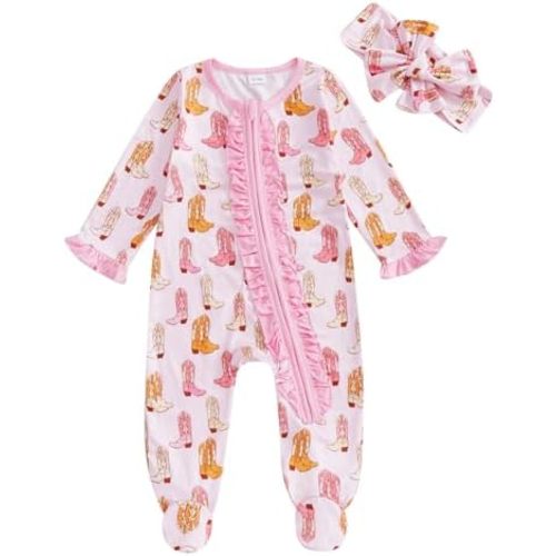 KMBANGI Newborn Baby Girl Western Outfits Ruffle Zipper Boots Footie Jumpsuit Long Sleeve One Piece Cowgirl Clothes 0-12M