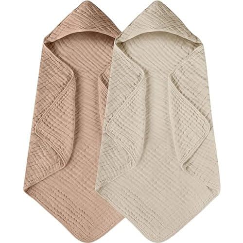 Yoofoss Hooded Baby Towels for Newborn 2 Pack 100% Muslin Cotton Baby Bath Towel with Hood for Babies, Infant, Toddler and Kids, Large 32x32Inch, Soft and Absorbent Newborn Essential - Beige & Coffee