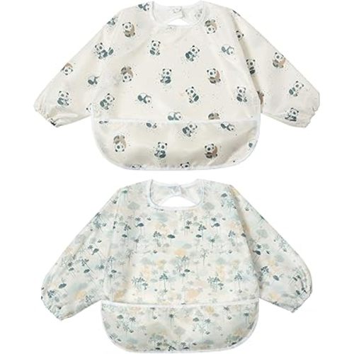 Little Dimsum Baby Bib with Pocket Waterproof Toddler Bibs Infant Feeding Bibs for Boys and Girls, Pack of 2 Colors