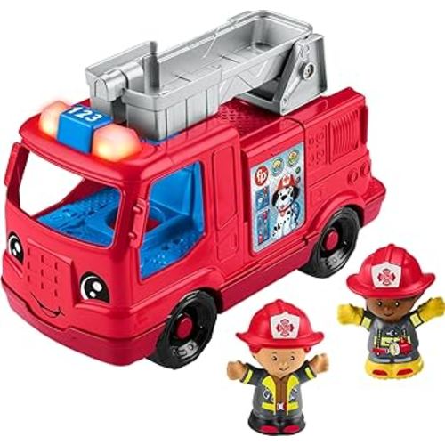 Fisher-Price Little People Toddler Toy Fire Truck Musical Push-Along Vehicle with 2 Figures for Pretend Play Ages 1+ Years