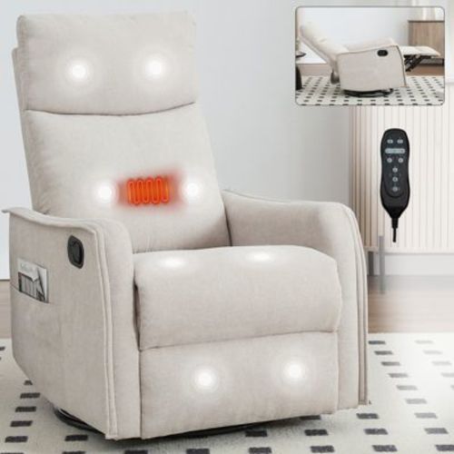 Heat Massage Recliner Chair, Manual Recline With Rocker And Swivel In Soft Fabric, 2 Side Pockets, Wood & Metal Frame, Beige - Modernluxe