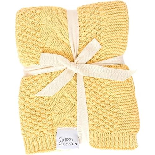 Knit Baby Blanket in Elegant Pattern, Organic Cotton Blankets for Crib or Stroller, Receiving Blankets - Butter Yellow