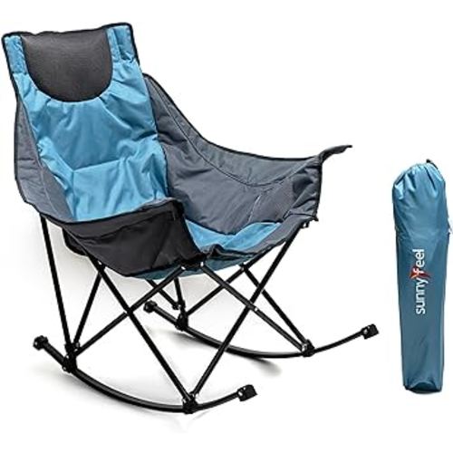 SUNNYFEEL Rocking Camping Chair, Luxury Padded Recliner, Oversized Folding Lawn Chair with Pocket, Heavy Duty for Outdoor/Picnic/Lounge/Patio, Portable Camp Rocker Chairs with Carry Bag