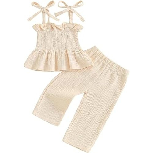 Toddler Baby Girl Clothes Summer Tie-Up Ruffle Tops Linen Pants Set Infant Smocked Outfit