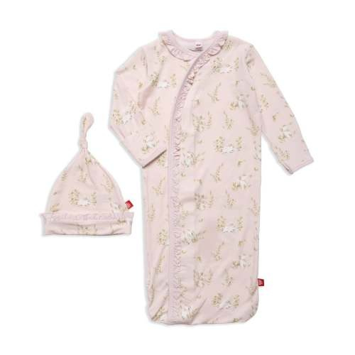 pink hoppily ever after modal magnetic cozy sleeper gown + hat set with ruffles