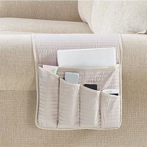 Brilliant Sunshine Premium Sofa Armrest 5 Pockets Organizer, Couch Recliner Armchair Caddy, 1/2" Channel Quilted, Washable Remote Controls Holder, Storage for Magazine, Tablet, 35×13", Light Beige