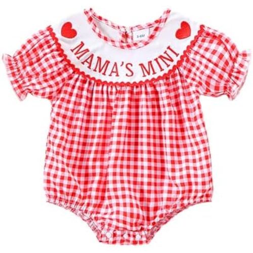 Newborn Baby Girl Romper Mamas Mini Bow Plaid Print Puff Sleeve Smocked Bubble Romper Jumpsuit Bodysuit Clothes
