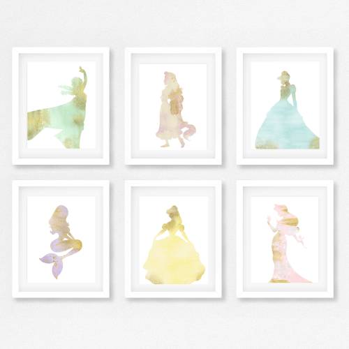 Princess Silhouette Print Set, Nursery Decor (Set of 6)