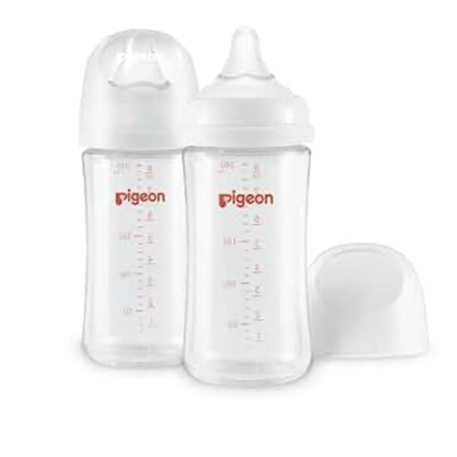 Pigeon Glass Nursing Bottle Wide Neck, Anti-Colic, Streamlined Body, Natural Feel, Easy to Clean, Heat-Resistant, 8.1 Oz(Pack of 2), Includes 2pcs M Nipples (3m+)