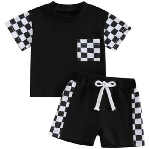 Sejardin Toddler Baby Boy Summer Clothes Plaid Patchwork Short Sleeve T Shirt Tops and Stretch Shorts Infant Boy Outfit