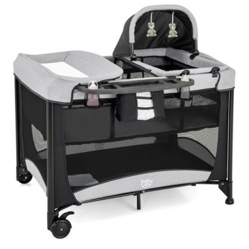 Babyjoy 5 in 1 Portable Baby Playard Nursery Center with Cradle & Storage Basket, Color: Black/grey