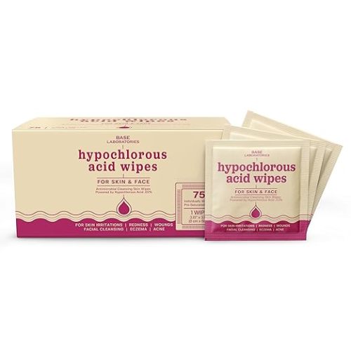 BASE LABORATORIES Hypochlorous Acid Wipes for Face & Skin - Facial Cleansing and Daily Skin Repair Hypochlorous Acid Wipes - for Sensitive Skin, Redness, Irritations, Eczema - 75 Wipes