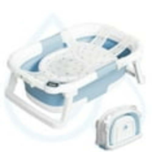Aprpink Foldable Baby Bathtub PP+TPE with Soft Bath Net&Thermometer for 0-36 Months Toddler Light Blue